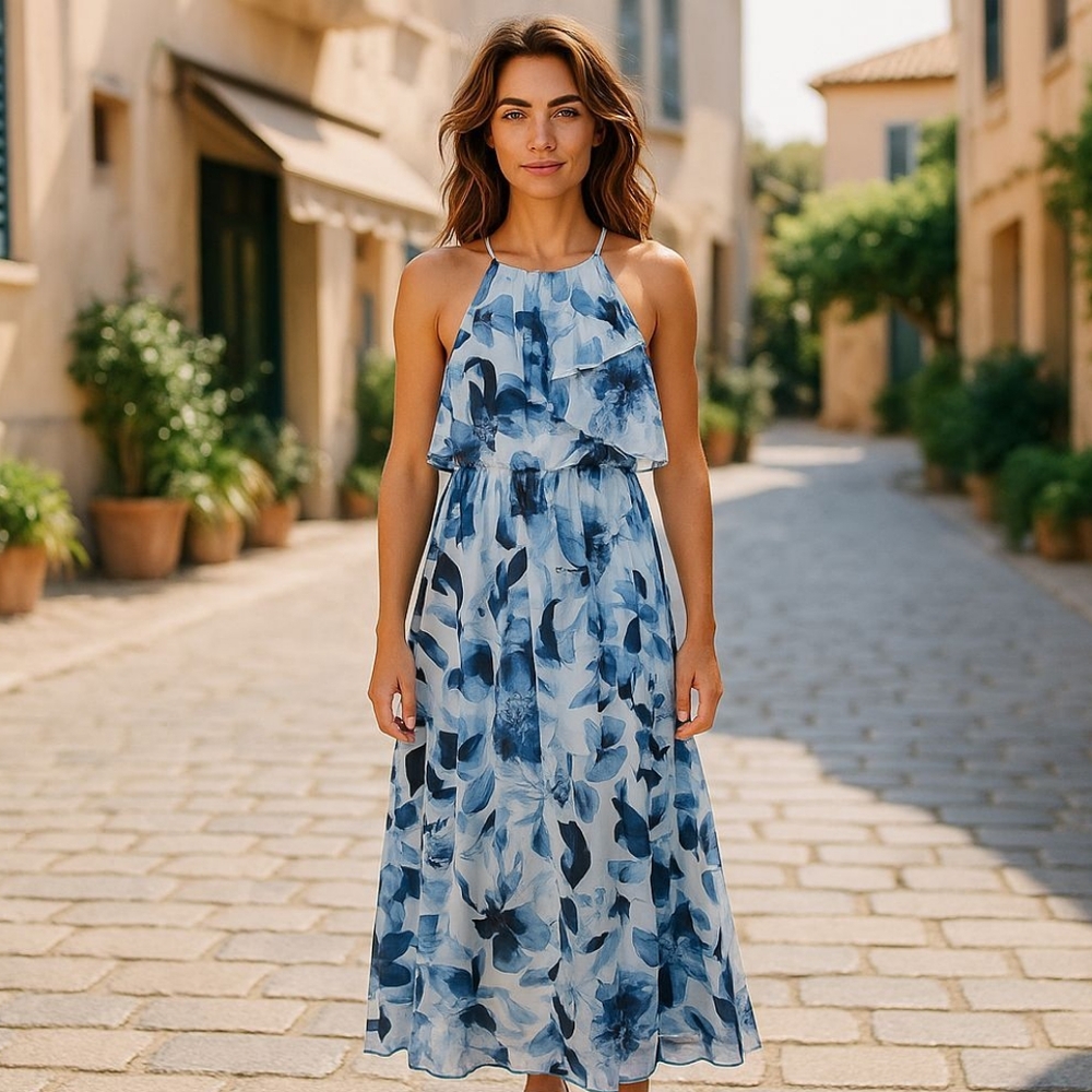 ANTONIO MELANI Blue/White Tiered Maxi Dress. Perfect as a guest of Wedding Dress